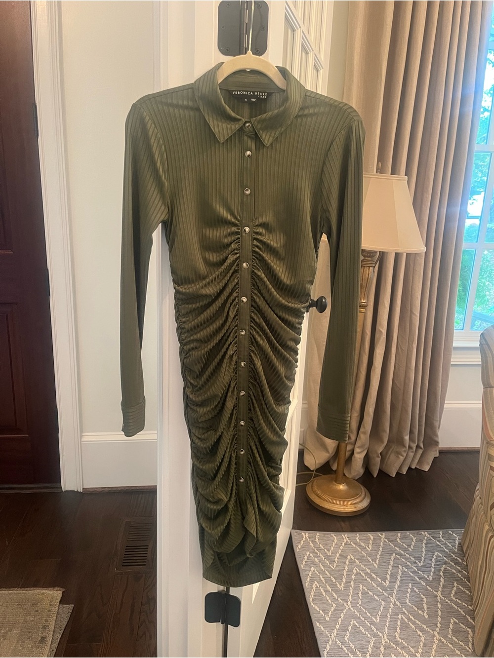 Veronica Beard Davila Green Long-Sleeve Ruched Shirt Dress